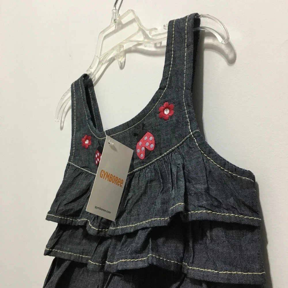 🆕 Gymboree Denim Sleeveless Romper Floral Ladybug Embroidery